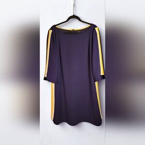 Vince Camuto Navy Blue Sheath Dress 3/4 Sleeve Yellow + White Stripe, Size 16
